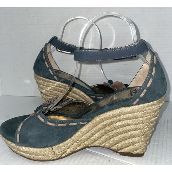 Sofft Sandals Women’s 10M Blue Espadrille Wedge Suede High Heel‎ Floral Shoes - Picture 9 of 13